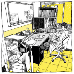 Rule 34 | 1boy, cabinet, chair, clipboard, computer, contemporary, desk, glasses, itowo (itowc), keyboard (computer), loaded interior, male focus, monitor, monochrome, office, office chair, one piece, pants, shirt, short hair, solo, swivel chair, trafalgar law, yellow theme