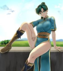 Rule 34 | 1girl, arm rest, bad id, bad pixiv id, blue eyes, boots, earrings, fire emblem, fire emblem: the blazing blade, green hair, hair tie, hairband, hip focus, jewelry, knee boots, leg up, light smile, long hair, lyn (fire emblem), nintendo, ponytail, sajittari, side slit, sitting, solo, thick thighs, thighs