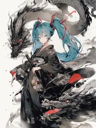 Rule 34 | 1girl, black kimono, blue eyes, blue hair, callimiya, closed mouth, commentary request, dragon, floral print, hair between eyes, hair ribbon, hatsune miku, highres, japanese clothes, katana, kimono, long hair, long sleeves, looking at viewer, obi, red ribbon, ribbon, sash, standing, sword, twintails, vocaloid, weapon, white background, wide sleeves