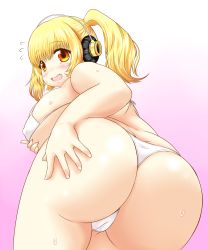 Rule 34 | 1girl, absurdres, ass, bikini, blonde hair, blush, breasts, cleavage, from below, headphones, highres, huge breasts, looking at viewer, navel, nitroplus, open mouth, orange eyes, plump, short hair, smile, solo, super pochaco, swimsuit, takamako, twintails, white bikini
