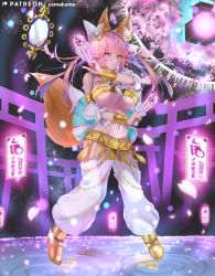 Rule 34 | 1girl, absurdres, amaterasu (fate), animal ear fluff, animal ears, blush, breasts, commentary, commentary request, dancer, fate/extra, fate/extra ccc, fate (series), fox ears, fox girl, fox tail, gold bracelet, hair ribbon, highres, kamehito, large breasts, looking at viewer, midriff, navel, official alternate costume, pink hair, ribbon, solo, suiten nikkou amaterasu yanoshisu ishi, tail, tamamo (fate), tamamo no mae (fate/extra), underboob, water, white ribbon, yellow eyes