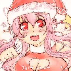 Rule 34 | 1girl, blush, breasts, cleavage, cleavage cutout, clothing cutout, hat, headphones, heart cutout, ichi/mine, large breasts, long hair, looking at viewer, md5 mismatch, nitroplus, open mouth, pink hair, red eyes, resized, santa hat, smile, solo, super sonico
