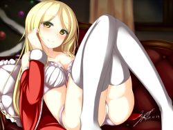 Rule 34 | 10s, 1girl, 2014, blonde hair, blush, bra, breasts, cleavage, couch, dated, frilled pillow, frills, gakuen butou no folklore, jougen, long hair, open clothes, original, panties, pillow, santa costume, signature, smile, solo, thighhighs, underwear, white bra, white panties, white thighhighs, yellow eyes