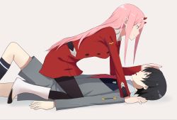 Rule 34 | 10s, 1boy, 1girl, all fours, bad id, bad pixiv id, black hair, black pantyhose, blue eyes, boots, couple, darling in the franxx, girl on top, green eyes, hair ornament, hairband, hand on another&#039;s head, highres, hiro (darling in the franxx), horns, kenkaizar, long hair, looking at another, lying, military, military uniform, necktie, on back, oni horns, pantyhose, pink hair, red horns, red neckwear, short hair, socks, uniform, white footwear, white hairband, zero two (darling in the franxx)