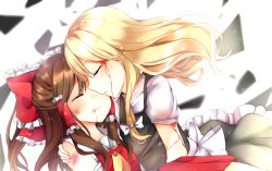 Rule 34 | 2girls, blonde hair, blood, blood from mouth, blood on arm, blood on face, blurry, bow, brown hair, bruise, bruise on face, ascot, depth of field, detached sleeves, expressionless, closed eyes, hair bow, hair tubes, hakurei reimu, hand on another&#039;s shoulder, injury, karasusou nano, kirisame marisa, long hair, multiple girls, no headwear, no headwear, shards, short sleeves, touhou, wind