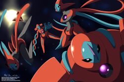 Rule 34 | absurdres, alternate form, creatures (company), deoxys, deoxys (attack), deoxys (defense), deoxys (normal), deoxys (speed), expressionless, game freak, gen 3 pokemon, highres, innovator123, looking at viewer, mythical pokemon, nintendo, no humans, planet, pokemon, pokemon (creature), shaded face, simple background, space, tentacles
