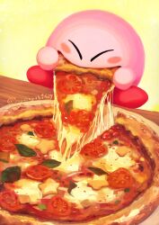 Rule 34 | absurdres, artist name, blush, blush stickers, cheese trail, closed eyes, eating, food, food in mouth, full body, highres, holding, holding food, holding pizza, kirby, kirby (series), leaf, nintendo, no humans, pizza, red footwear, shoes, sitting, star (symbol), suyasuyabi, table, tomato, twitter username, yellow background