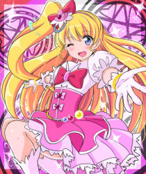 Rule 34 | 1girl, ;d, asahina mirai, blonde hair, blush, cure miracle, gloves, hat, kayama kenji, long hair, magical girl, mahou girls precure!, one eye closed, open mouth, precure, side ponytail, smile, solo, white gloves, witch hat