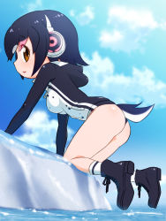 Rule 34 | 10s, all fours, ass, black hair, blue sky, boots, brown eyes, cloud, commentary request, day, full body, headphones, highres, humboldt penguin (kemono friends), kemono friends, multicolored hair, outdoors, pink hair, profile, sat-c, short hair, sky, solo, tail, water