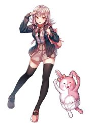 Rule 34 | 1girl, alternate eye color, animal bag, animal ears, arm up, backpack, bag, black jacket, black thighhighs, blush, bow, breasts, brown skirt, cat bag, collared shirt, commentary request, danganronpa (series), danganronpa 2: goodbye despair, diaper, doomie1, dress shirt, ear bow, ear ribbon, flipped hair, full body, hair ornament, hand up, highres, holding strap, hood, jacket, light brown hair, long sleeves, looking at viewer, mary janes, medium breasts, medium hair, monomi (danganronpa), nanami chiaki, neck ribbon, open clothes, open jacket, open mouth, pink bag, pink footwear, pink ribbon, pleated skirt, red eyes, ribbon, salute, shirt, shirt tucked in, shoes, simple background, skirt, standing, teeth, thighhighs, upper teeth only, white background, white shirt, zettai ryouiki