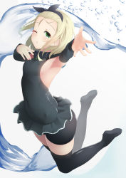 Rule 34 | 1girl, arm warmers, armpits, bad id, bad pixiv id, bike shorts, black hairband, black skirt, black thighhighs, blonde hair, blush, breasts, closed mouth, commentary, covered erect nipples, covered navel, curvy, dancing, full body, green eyes, hair between eyes, hairband, kantai collection, leg up, looking at viewer, luigi torelli (kancolle), medium breasts, microskirt, ne an ito, one eye closed, pleated skirt, short hair, skin tight, skindentation, skirt, solo, thighhighs, thighs, uit-25 (kancolle), water