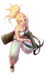 Rule 34 | 1990s (style), 1girl, armband, armlet, baggy pants, bandeau, bare shoulders, blonde hair, blue eyes, bow (weapon), bracelet, breasts, chrono (series), chrono trigger, cleavage, crossbow, female focus, green eyes, hakuga (haru-akira), haru-akira, jewelry, long hair, marle (chrono trigger), open mouth, pants, ponytail, quiver, sandals, solo, strapless, toes, tube top, weapon, wristband