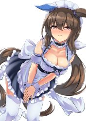 Rule 34 | 1girl, absurdres, admire vega (umamusume), animal ears, arm garter, belt collar, black skirt, blush, breasts, brown hair, cleavage, collar, corset, covering crotch, covering privates, ears down, herohero (higashi no dou), highres, horse ears, horse girl, horse tail, long hair, looking at viewer, maid headdress, medium breasts, pink eyes, ponytail, simple background, skirt, solo, tail, thighhighs, umamusume, v-shaped eyebrows, white background, white thighhighs