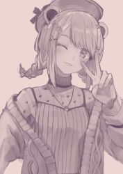 1girl animare atsushima beret blush braid brown_theme cable_knit cardigan grin hat konan_mia konan_mia_(2nd_costume) long_sleeves looking_at_viewer low_twin_braids meerkat_ears monochrome nanashi_inc. one_eye_closed open_cardigan open_clothes short_hair short_twintails simple_background smile solo swept_bangs too_many_hair_ornaments twin_braids twintails upper_body v virtual_youtuber