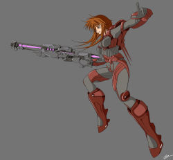 Rule 34 | 1girl, absurdres, armor, breasts, female focus, full body, grin, gun, highres, jumping, long hair, orange hair, shock rifle, simple background, smile, solo, unreal tournament, weapon
