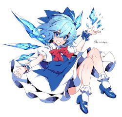 Rule 34 | 1girl, :d, bad id, bad twitter id, blue bow, blue dress, blue eyes, blue footwear, blue hair, bow, bowtie, cirno, dress, full body, grin, hair between eyes, hair bow, high heels, highres, ice, ice wings, kamenozoki momomo, looking at viewer, open mouth, pinafore dress, puffy short sleeves, puffy sleeves, red bow, red bowtie, shirt, short hair, short sleeves, simple background, sleeveless dress, smile, solo, touhou, v-shaped eyebrows, white background, white legwear, white shirt, wings, wrist cuffs