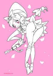 Rule 34 | 10s, 1girl, ass, bent over, cameltoe, cure blossom, flower tact, hanasaki tsubomi, heart, heartcatch precure!, looking at viewer, magical girl, monochrome, panties, pink background, pink theme, precure, simple background, solo, teruchan, underwear, wand