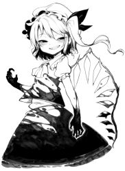 Rule 34 | 1girl, arm at side, ascot, bare arms, blood, blood on clothes, blood on hands, bloody wings, blush, claw pose, commentary request, cowboy shot, dripping, flandre scarlet, floating hair, frilled sleeves, frills, greyscale, grin, hair between eyes, hair ribbon, half-closed eyes, harusame (unmei no ikasumi), hat, long hair, looking at viewer, mob cap, monochrome, one side up, ribbon, short hair with long locks, short sleeves, simple background, skirt, skirt set, smile, solo, touhou, wings