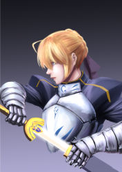 Rule 34 | 1girl, ahoge, armor, artoria pendragon (all), artoria pendragon (fate), blonde hair, blue eyes, bow, braid, braided bun, breastplate, excalibur (fate/stay night), fate/stay night, fate (series), gauntlets, glowing, glowing sword, glowing weapon, gradient background, grey background, hair between eyes, hair bow, hair bun, holding, holding sword, holding weapon, ishii hisao, parted lips, plate armor, profile, puffy sleeves, purple bow, saber (fate), scabbard, sheath, solo, sword, unsheathing, upper body, weapon