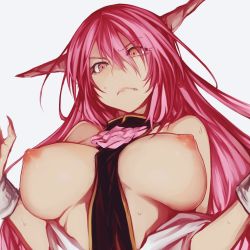 Rule 34 | 1girl, bare shoulders, breasts, breasts apart, breasts out, commentary request, fang, fang out, flower, grey background, hair between eyes, hands up, head tilt, highres, horns, ibaraki kasen, large breasts, long hair, looking at viewer, nipples, nuppehofu (nibuta), off shoulder, oni, oni horns, pink eyes, pink flower, pink hair, pink rose, rose, shirt, simple background, solo, spoilers, sweat, tabard, touhou, upper body, v-shaped eyebrows, white shirt, wild and horned hermit, wrist cuffs