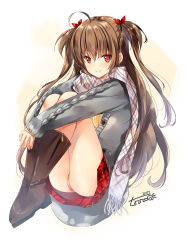Rule 34 | 1girl, aran sweater, artist name, bad id, bad pixiv id, blush, boots, bow, brown footwear, brown hair, cable knit, cardigan, closed mouth, fringe trim, full body, hair between eyes, hair bow, highres, knee boots, legs together, long hair, looking at viewer, open cardigan, open clothes, original, own hands together, panties, pantyshot, pink panties, plaid, plaid scarf, plaid skirt, red bow, red eyes, red skirt, ribbed sweater, scarf, signature, skirt, sleeves past wrists, smile, solo, sweater, thighs, tsurime, two side up, underwear, v arms, yellow sweater, zinno