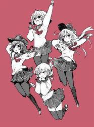 Rule 34 | &gt; &lt;, 4girls, :&lt;, akatsuki (kancolle), arm up, clenched hand, closed eyes, clothes lift, commentary request, flat cap, folded ponytail, hand on headwear, hat, hibiki (kancolle), ikazuchi (kancolle), inazuma (kancolle), jumping, kantai collection, long hair, midriff, multiple girls, navel, outstretched arm, pantyhose, pleated skirt, red background, school uniform, serafuku, shirt lift, short hair, skirt, sumisu (mondo), thighhighs, v-shaped eyebrows