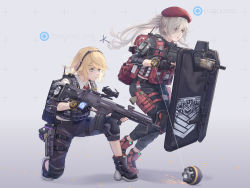 Rule 34 | 2girls, assault rifle, backpack, bag, beret, blonde hair, crossover, drone, elbow pads, emblem, g36 (girls&#039; frontline), g36c (girls&#039; frontline), girls&#039; frontline, gloves, grifon &amp; kryuger, gun, handgun, hat, headphones, highres, holding, holding gun, holding weapon, holstered, knee pads, kneeling, multiple girls, red headwear, rifle, riot shield, shield, siblings, sisters, tactical clothes, tom clancy&#039;s the division, weapon, white hair, xyufsky
