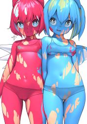 Rule 34 | 2girls, bare shoulders, blue bow, blue eyes, blue hair, blush, bodypaint, bow, breasts, bright pupils, cameltoe, cirno, commentary request, contrapposto, crop top, daiyousei, eyebrows hidden by hair, fairy wings, flat chest, from below, gluteal fold, green hair, hair bow, highres, huxiao (mistlakefront), ice, ice wings, looking at viewer, looking to the side, multiple girls, navel, one side up, open mouth, panties, short hair, simple background, small breasts, smile, stomach, thighs, touhou, underboob, underwear, wam, white background, white pupils, wings, yellow bow