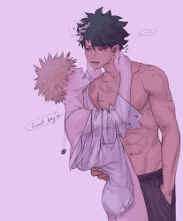 Rule 34 | ..., 2boys, abs, absurdres, artist name, bakugou katsuki, bangs, blonde hair, boku no hero academia, cigarette, commentary request, ear pull, english text, freckles, from side, grey background, hand in another&#039;s hair, hand in pocket, heart, height difference, highres, jewelry, looking at another, male focus, midoriya izuku, mouth hold, multiple boys, naked shirt, navel, necklace, pants, scar, shirt, shirtless, short hair, simple background, speech bubble, spoken ellipsis, spoken heart, standing, wengwengchim, yaoi