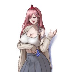 Rule 34 | 1girl, alternate costume, arm tattoo, arm up, breasts, brown cardigan, card, cardigan, casual, cleavage, collarbone, crop top, crush kim, earrings, fang, fang out, girls&#039; frontline, grey skirt, hair between eyes, hair ornament, hairband, hairclip, heart, heart earrings, highres, holding, holding card, jewelry, large breasts, lips, long hair, looking at viewer, mole, mole under eye, neck tattoo, open mouth, pink eyes, pink hair, sig mcx (girls&#039; frontline), skirt, smile, solo, standing, tank top, tattoo, upper body, white background, white tank top
