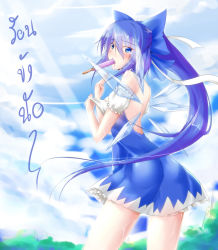 Rule 34 | 1girl, alternate hairstyle, ass, back, bare back, bare shoulders, blue eyes, blue hair, blush, bow, breasts, cirno, food, hair bow, hot, long hair, looking back, matching hair/eyes, medium breasts, mouth hold, nipple slip, nipples, aged up, ponytail, popsicle, sesield, solo, sweat, thai text, touhou, very long hair, wet, wings