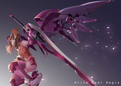 Rule 34 | 1girl, alice gear aegis, alternate hairstyle, antennae, armor, closed mouth, copyright name, fujimo ruru, full body, highres, holding, holding weapon, huge weapon, leotard, light brown hair, mecha musume, mechanical boots, mechanical wings, orange leotard, purple eyes, shimoochiai touka, sleeveless, solo, squatting, sword, twintails, weapon, wings