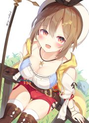 Rule 34 | 1girl, atelier (series), atelier ryza, atelier ryza 1, belt, blush, breasts, brown gloves, brown hair, brown thighhighs, cleavage, from above, gloves, grass, hair ornament, hairclip, hat, highres, jewelry, large breasts, looking at viewer, looking up, mizuki ryuu, necklace, open mouth, orange eyes, red shorts, reisalin stout, short shorts, shorts, simple background, single glove, sitting, smile, solo, star (symbol), thighhighs, thighs, twitter username, white background, white hat, white thighhighs