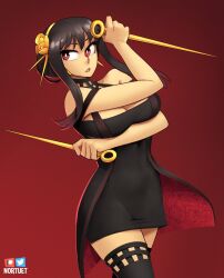 Rule 34 | 1girl, artist name, black dress, black hair, breasts, cleavage, commentary, cowboy shot, dagger, dress, dual wielding, earrings, english commentary, gold earrings, gold hairband, hairband, holding, holding dagger, holding knife, holding weapon, jewelry, knife, large breasts, nortuet, red eyes, reverse grip, short dress, sidelocks, solo, spy x family, stiletto (weapon), thighhighs, two-sided dress, two-sided fabric, weapon, yor briar, zettai ryouiki