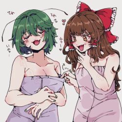 Rule 34 | 2girls, antennae, blush, bobotatamu, bow, breasts, brown eyes, brown hair, cleavage, closed eyes, commentary request, cowboy shot, fang, fingernails, frilled bow, frilled hair tubes, frills, green hair, green nails, grey background, hair bow, hair tubes, hakurei reimu, highres, long hair, medium bangs, medium breasts, multiple girls, naked towel, open mouth, red bow, red nails, short hair, sidelocks, simple background, skin fang, smile, touhou, towel, wriggle nightbug