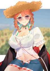 Rule 34 | 1girl, absurdres, black jacket, blurry, blurry background, blush, breasts, choker, cleavage, collarbone, denim, denim shorts, green choker, green hair, hat, highres, hololive, hololive english, j.moon, jacket, large breasts, long hair, looking at viewer, multicolored hair, navel, official alternate costume, open clothes, open shorts, orange hair, pink-tinted eyewear, pink-tinted glasses, puffy short sleeves, puffy sleeves, purple eyes, red jacket, short sleeves, shorts, sitting, smile, solo, strap, straw hat, sunglasses, takanashi kiara, teeth, tinted eyewear, virtual youtuber, white background