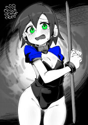Rule 34 | 1girl, absurdres, aile (mega man zx), black leotard, blue jacket, blush, breasts, buzzlyears, cowboy shot, cropped jacket, green eyes, highres, jacket, leotard, mega man (series), mega man zx, monochrome, nervous sweating, paid reward available, pole, robot ears, short hair, small breasts, solo, spot color, stripper pole, sweat, tearing up