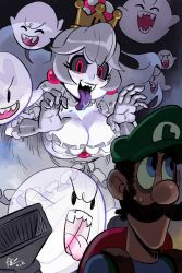 Rule 34 | 1boy, 1girl, 6+others, alex ahad, black sclera, blue eyes, boo (mario), breasts, cleavage, colored sclera, colored skin, facial hair, fangs, ghost, hat, highres, king boo, large breasts, long hair, luigi, luigi&#039;s mansion, mario (series), multiple others, mustache, nintendo, open mouth, princess dress, princess king boo, red eyes, sharp teeth, smile, solo, super crown, teeth, tongue, tongue out, vacuum cleaner, white hair, white skin