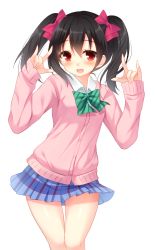 Rule 34 | 10s, 1girl, :d, \m/, black hair, blush, bow, cardigan, double \m/, highres, jacket, long sleeves, love live!, love live! school idol project, miko (royal milk), miniskirt, nico nico nii, open mouth, plaid, plaid skirt, red eyes, school uniform, simple background, skirt, smile, solo, twintails, yazawa nico