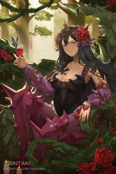 Rule 34 | 1girl, alcohol, animal, artist name, bare shoulders, black hair, black leotard, blue eyes, breasts, bug, butterfly, candle, cleavage, commentary, cup, detached sleeves, dragalia lost, drinking glass, english commentary, fire, flower, glint, granblue fantasy, hair flower, hair ornament, hentaki, highres, holding, holding cup, insect, leotard, long hair, long sleeves, looking at viewer, medium breasts, pantyhose, parted lips, puffy long sleeves, puffy sleeves, purple pantyhose, purple sleeves, red flower, red rose, rose, rose queen, shingeki no bahamut, sitting, solo, tree, very long hair, watermark, web address, wine, wine glass