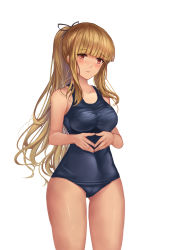 Rule 34 | 1girl, bare arms, bare shoulders, black ribbon, blonde hair, blue one-piece swimsuit, blunt bangs, blush, breasts, brown dust, cameltoe, closed mouth, cowboy shot, gluteal fold, hair ribbon, head tilt, highres, legs apart, long hair, looking at viewer, medium breasts, old school swimsuit, one-piece swimsuit, own hands together, ponytail, red eyes, ribbon, school swimsuit, sidelocks, simple background, solo, standing, steepled fingers, swimsuit, thighs, white background, yougenko