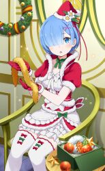 Rule 34 | blue eyes, blue hair, christmas wreath, gloves, hair over one eye, hat, highres, looking at viewer, official art, open mouth, re:zero kara hajimeru isekai seikatsu, re:zero kara hajimeru isekai seikatsu: lost in memories, red gloves, rem (re:zero), santa hat, sitting, thighhighs, white thighhighs, wreath