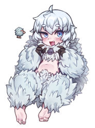 Rule 34 | 1girl, :d, ahoge, barefoot, bell, blue eyes, fang, fewer digits, full body, fur, jingle bell, looking at viewer, monster girl, navel, nyong nyong, open mouth, personification, reference inset, short hair, simple background, smile, snow flinx (terraria), terraria, toenails, uneven eyes, white background, white hair