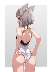 Rule 34 | 1girl, absurdres, adjusting clothes, adjusting leotard, ai-assisted, animal ear fluff, animal ears, ass, back cutout, border, brown eyes, cat ears, clothing cutout, from behind, gradient background, grey background, grey hair, guilegaze, hair ribbon, highres, leotard, looking back, nia (xenoblade), ribbon, short hair, smile, solo, thigh gap, white border, xenoblade chronicles (series), xenoblade chronicles 2, yellow ribbon
