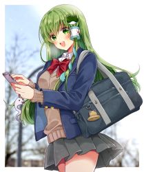 Rule 34 | 1girl, :d, bag, beige sweater vest, blazer, blush, breasts, buttoned cuffs, buttons, collared shirt, commentary request, frog hair ornament, green eyes, green hair, grey skirt, hair ornament, holding, holding phone, jacket, kochiya sanae, large breasts, long hair, long sleeves, looking at viewer, miniskirt, open mouth, outdoors, phone, pleated skirt, school uniform, shirt, skirt, smile, snake hair ornament, solo, standing, suit jacket, teeth, thighs, touhou, upper teeth only, white shirt, wing collar
