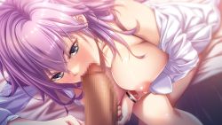 Rule 34 | 1girl, :&gt;=, bed, blue eyes, blush, bottomless, bra strap, breasts, breasts out, breasts squeezed together, censored, crossed legs, fellatio, from above, game cg, indoors, large breasts, legs, long hair, looking at viewer, mibu kyouko, mosaic censoring, nipples, no bra, off shoulder, open clothes, open shirt, oral, original, penis, pov, purple hair, reactance: futsugou na shinjitsu, sitting, teeta j, thighs, watch, wristwatch