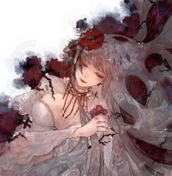 Rule 34 | 1girl, blunt bangs, branch, breasts, breasts apart, collar, coquelic (path to nowhere), detached sleeves, flower, frilled collar, frills, gem, half-closed eyes, highres, jewelry, looking to the side, medium breasts, necklace, nightgown, path to nowhere, poppy (flower), red eyes, red flower, red gemstone, red lips, sideways glance, siyuanzi, smile, solo, upper body, white hair, white nightgown