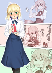 Rule 34 | &gt; &lt;, 1girl, :p, ahoge, artoria pendragon (all), artoria pendragon (fate), black pantyhose, blonde hair, blue skirt, blush, bowl, chocolate, closed mouth, cooking, dress, fate/stay night, fate (series), flying sweatdrops, gift, green eyes, hair ribbon, high-waist skirt, holding, holding gift, long sleeves, looking at viewer, multiple views, namonashi, neck ribbon, pantyhose, parted lips, pinafore dress, pot, purple ribbon, ribbon, saber (fate), shirt, skirt, sleeveless dress, tongue, tongue out, v-shaped eyebrows, valentine, white shirt