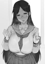 Rule 34 | 1girl, absurdres, bra visible through clothes, bracelet, breasts, dawalixi, glasses, greyscale, highres, jewelry, large breasts, long hair, mole, mole under mouth, monochrome, original, parted bangs, pleated skirt, sailor collar, school uniform, serafuku, shirt tucked in, skirt, solo