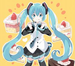 Rule 34 | 1girl, :p, bare shoulders, black skirt, black sleeves, black thighhighs, blue eyes, blue hair, blush, cake, cake slice, clenched hands, closed mouth, collared shirt, commentary request, detached sleeves, food, green necktie, hair between eyes, hair ornament, hands up, hatsune miku, headset, highres, long hair, long sleeves, necktie, orange background, outline, pleated skirt, shirt, skirt, sleeveless, sleeveless shirt, sleeves past wrists, smile, solo, tantan men (dragon), thighhighs, tie clip, tongue, tongue out, twintails, very long hair, vocaloid, white outline, white shirt